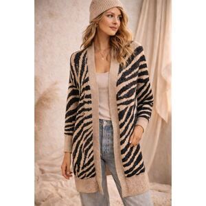 Yet Again Zebra Print Open Front Knit Cardigan Neutral Cozy Boho Stretch Soft XS